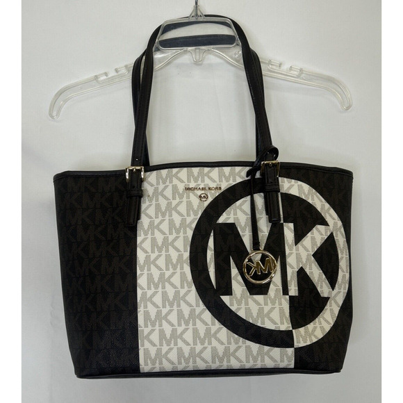 MICHAEL KORS Jet Set Charm Multi Carryall Tote Brown/Ivory LOGO Pattern Purse - Picture 1 of 16